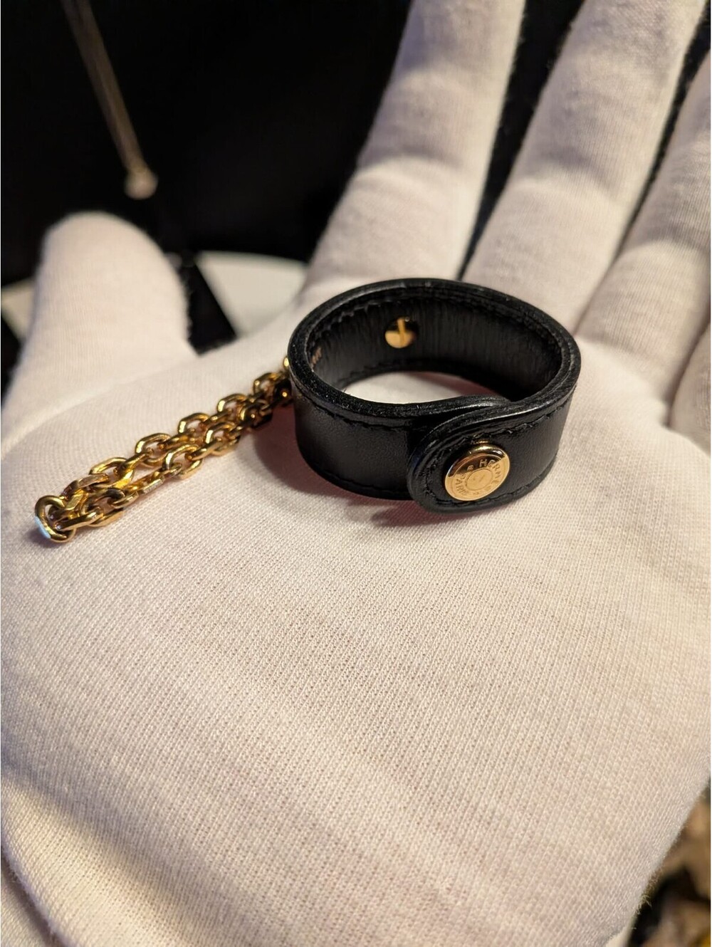 HERMES Authentic Glove Holder Charm Leather Black Gold